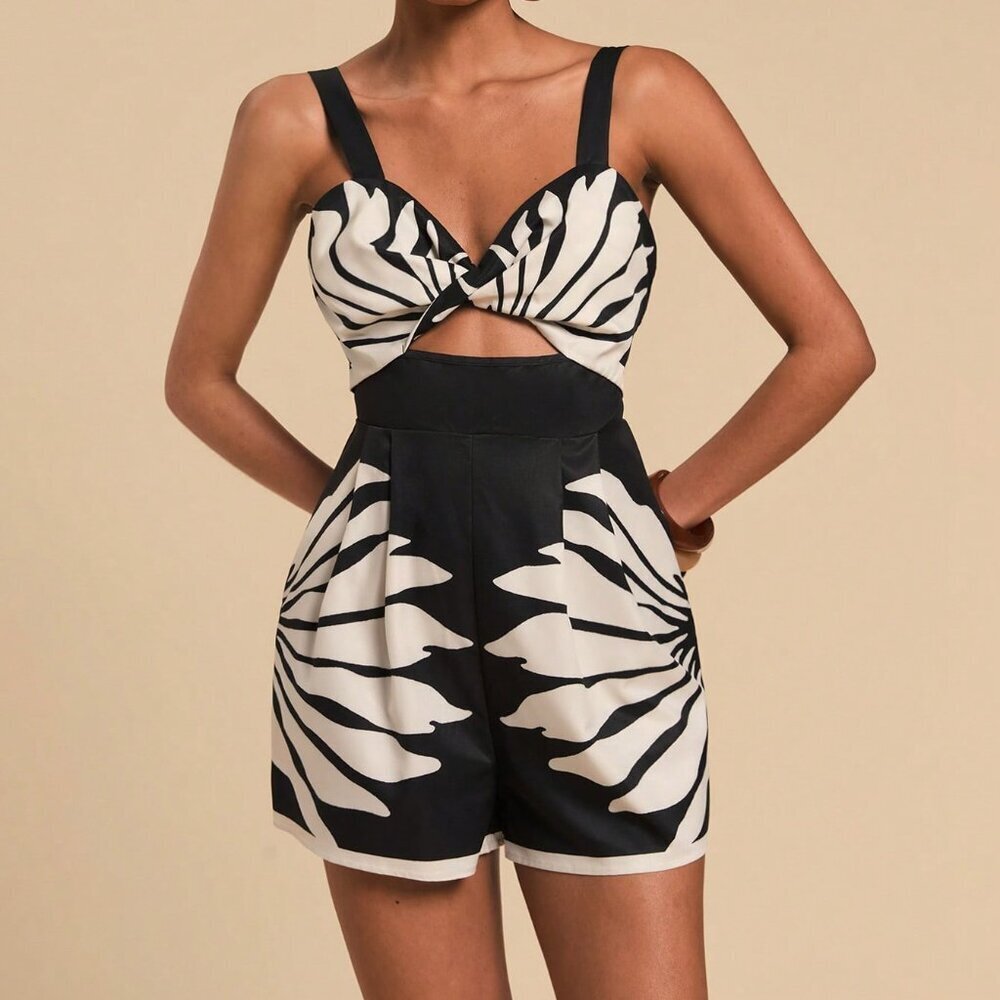 Black And White Casual Women's Vacation Woven Printed Loose Jumpsuit - Picture 5 of 6